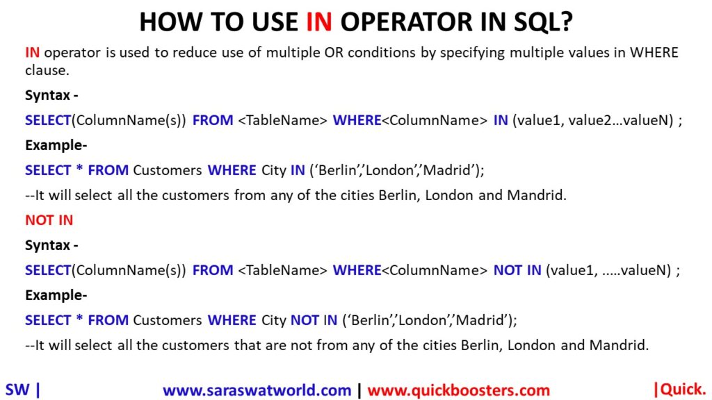 HOW TO USE IN OPERATOR IN SQL QuickBoosters