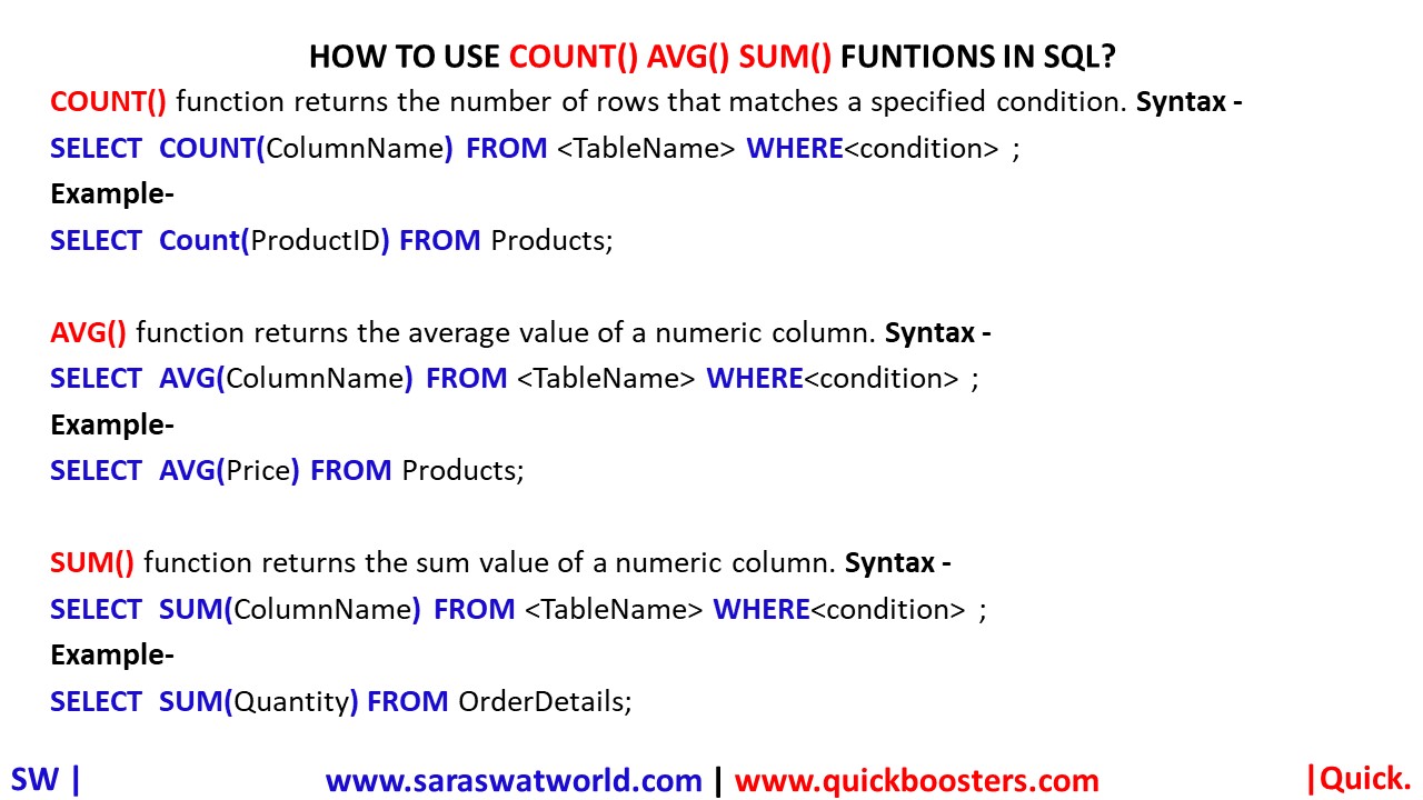 HOW TO USE COUNT() AVG() SUM() FUNTIONS IN SQL