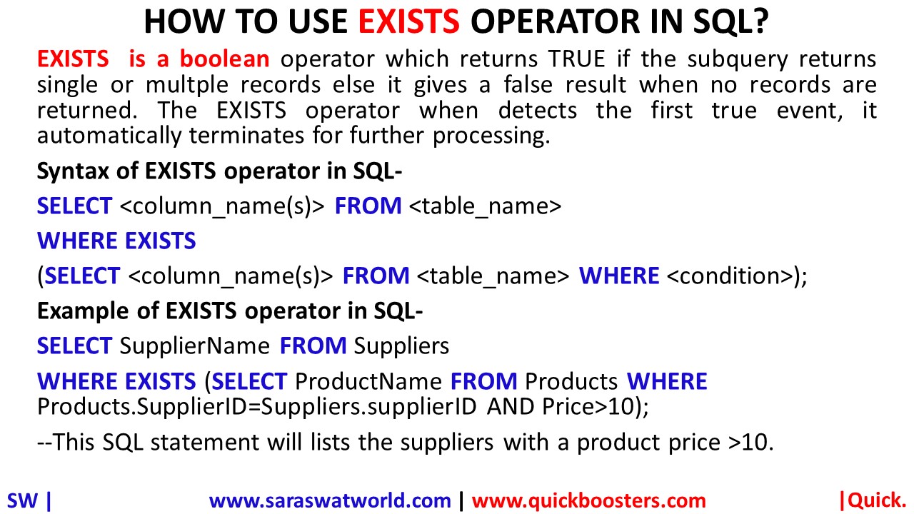 HOW TO USE EXISTS OPERATOR IN SQL