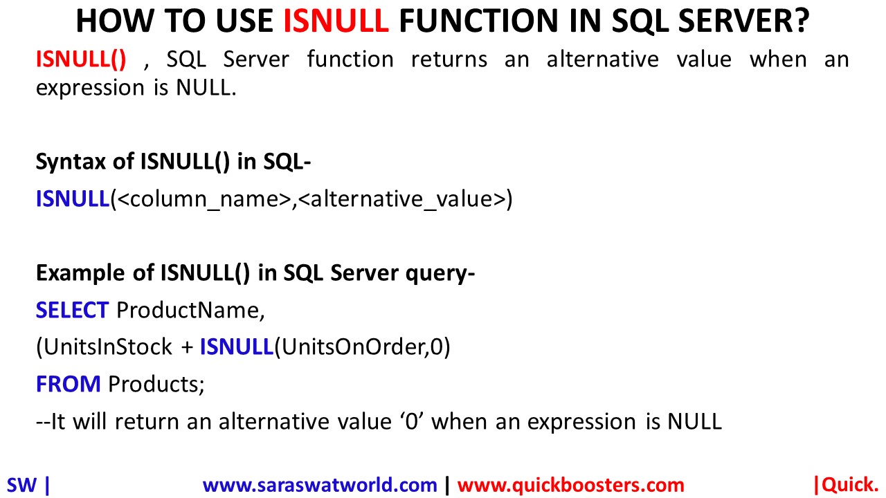 HOW TO USE ISNULL FUNCTION IN SQL SERVER QuickBoosters