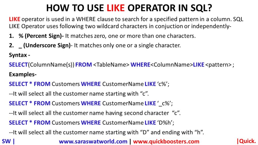 HOW TO USE LIKE OPERATOR IN SQL QuickBoosters