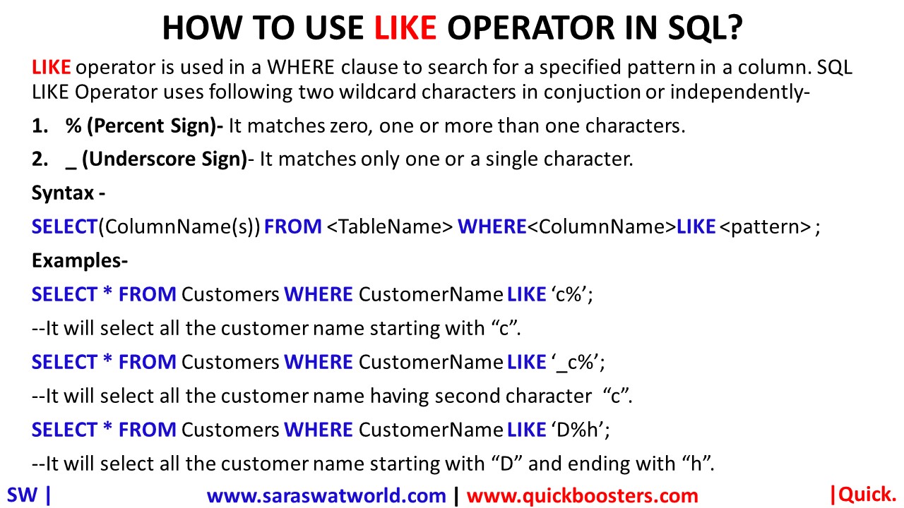 HOW TO USE LIKE OPERATOR IN SQL