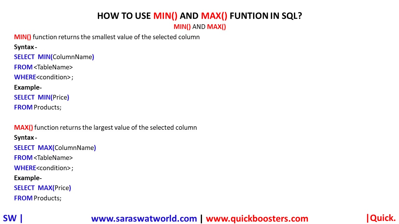 How To Use Min And Max Funtion In Sql Quickboosters