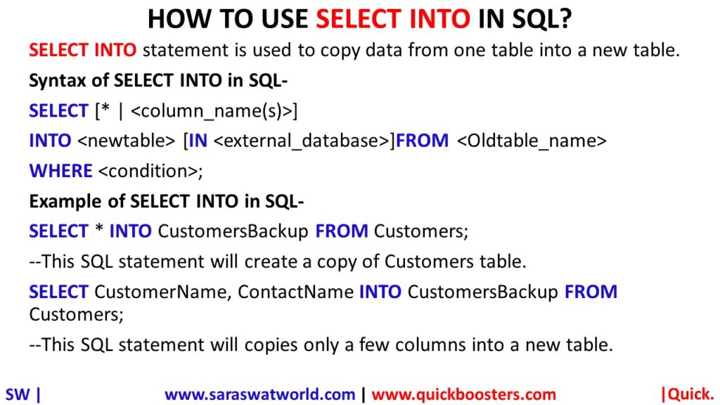 HOW TO USE SELECT INTO IN SQL QuickBoosters