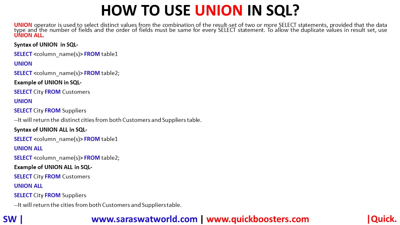 HOW TO USE UNION IN SQL QuickBoosters